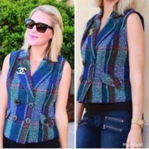 CABI Tweed Blue Multicolored Double Breasted Vest